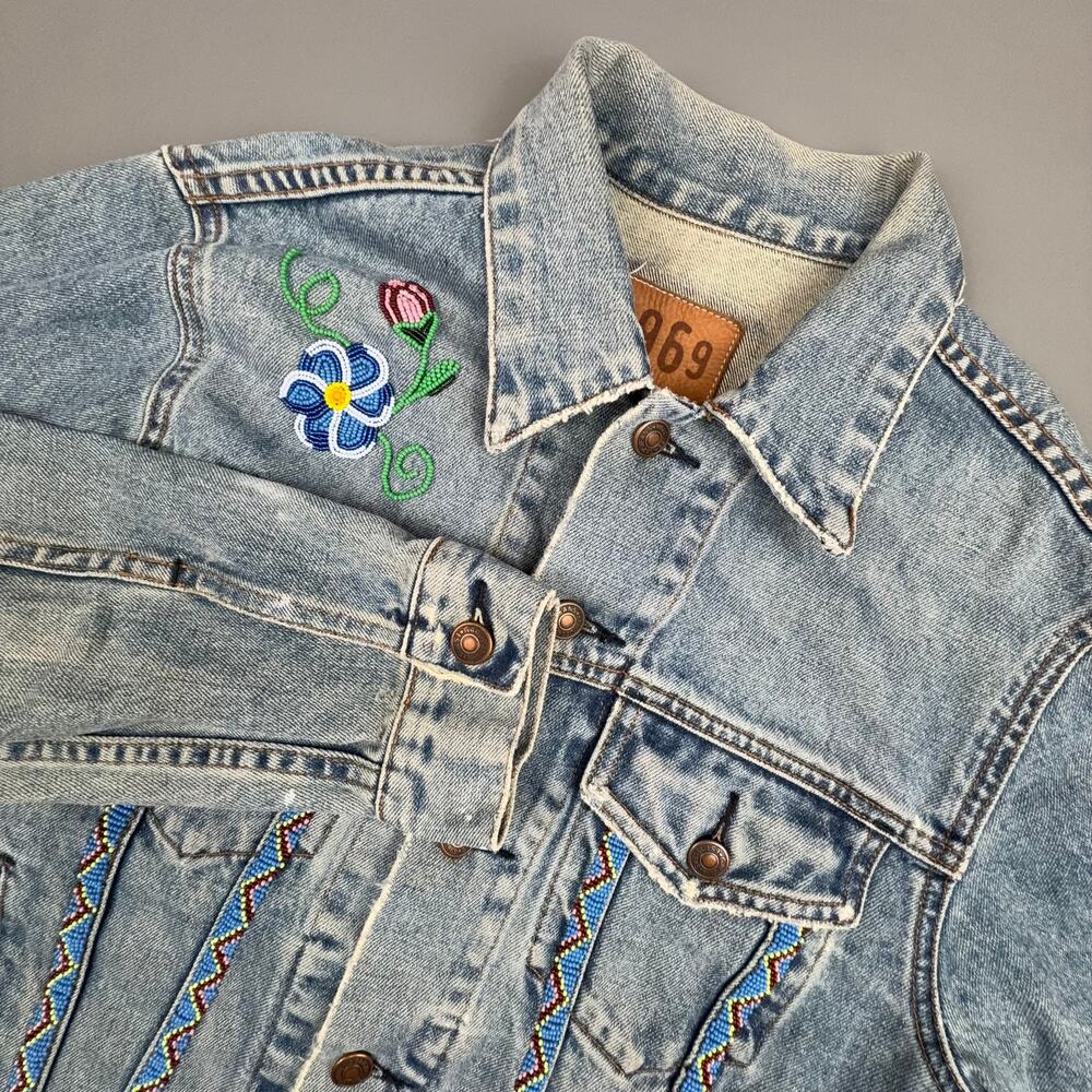 Vintage Gap 1969 Denim Jacket XS Beaded Floral Y2K Custom Folk Boho